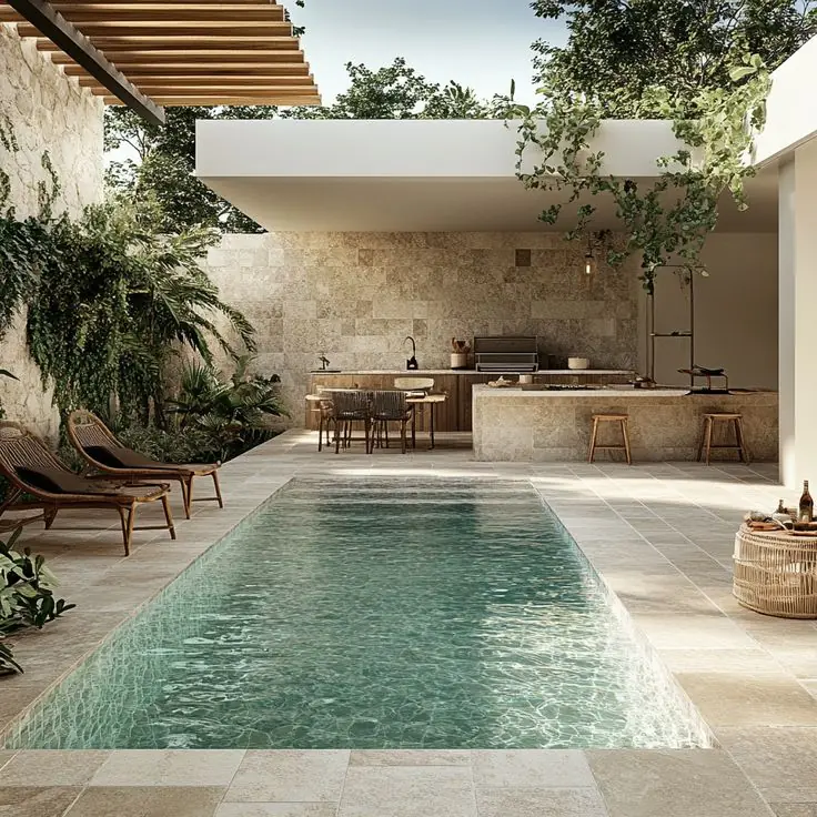Visualización de una piscina larga entre muros y vegetación, con agua turquesa